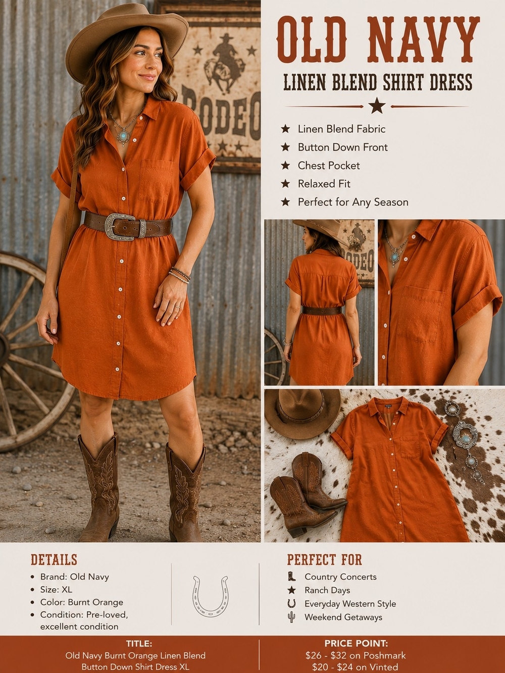 Old Navy Burnt Orange Linen Blend Shirt Dress